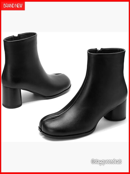 Shoes - Faux Leather Tabi Ankle Boots Chunky Low Heel Side Zipper Booties